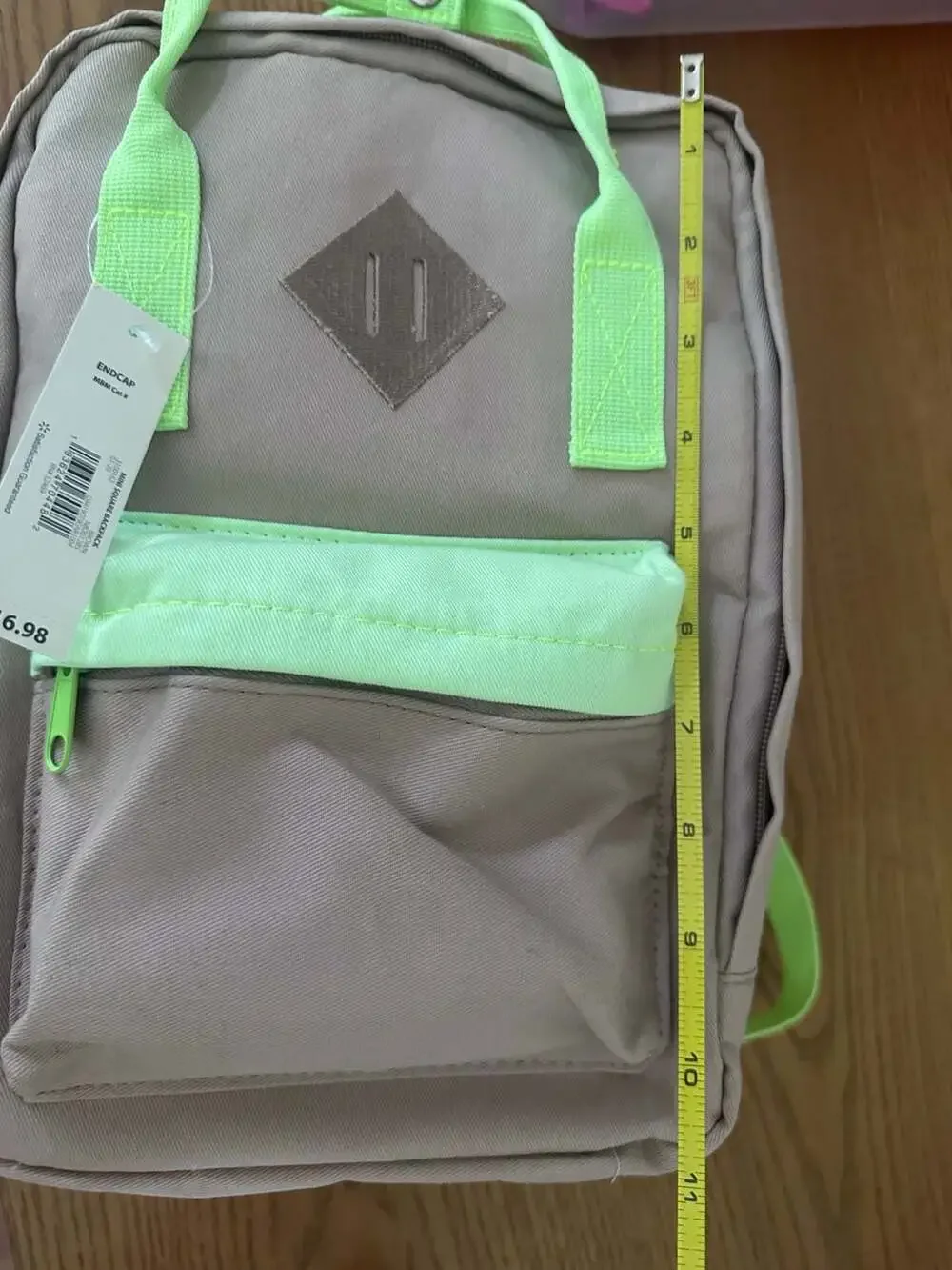 No Boundaries Mini Square Backpack Tan with Neon Green Straps